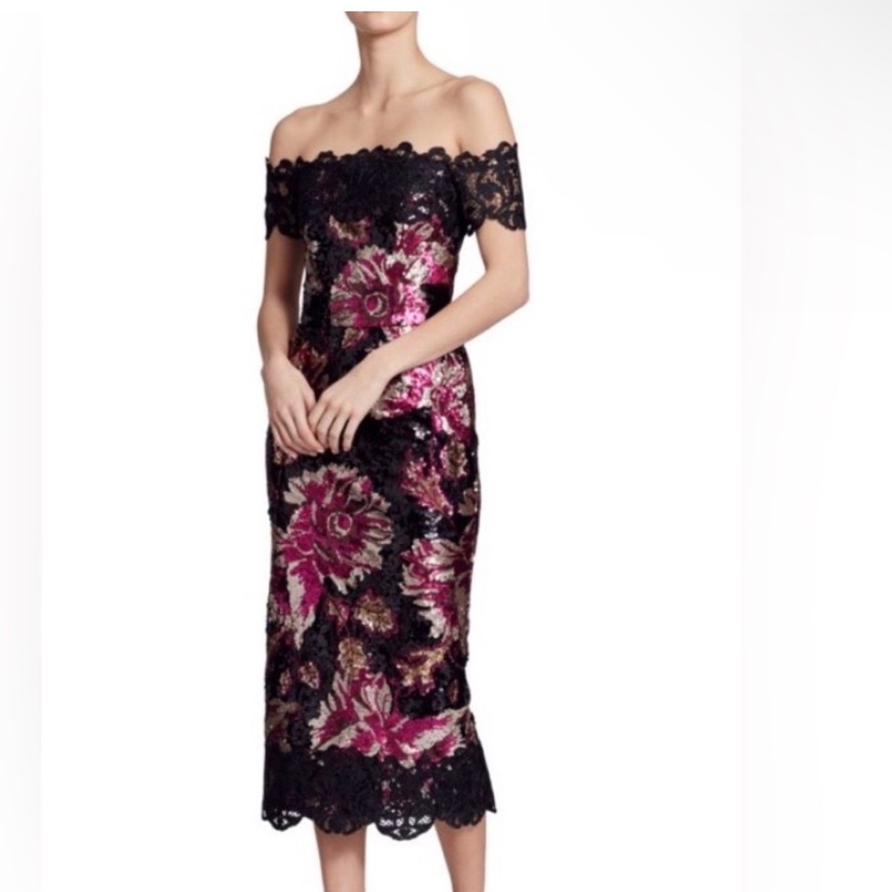 Marchesa Notte Off the Shoulder Sequins Peony Floral Lace Midi Dress Size 4